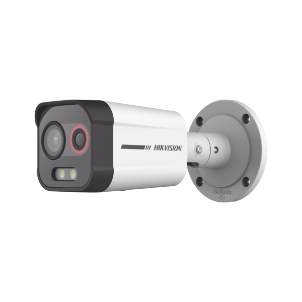 Bala IP Dual / Térmica 2.6 mm (96 × 72) / Óptico 6 mm (4 Megapixel) / 30 mts IR / Exterior IP67 / PoE / Termométrica / Detección de Temperatura / Sirena y Luz Intermitente Integrada / MicroSD 256 GB.