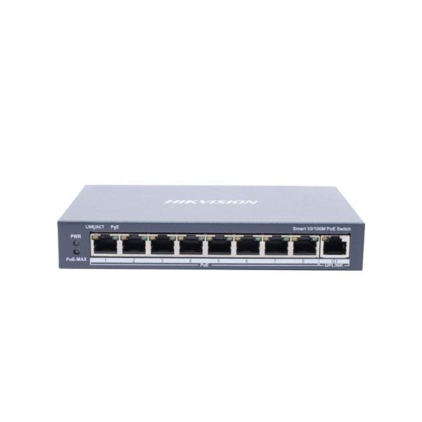 Switch Monitoreable PoE+ / 8 puertos 10/100 Mbps PoE+ / 1 puerto 10/100/1000 Mbps de Uplink / PoE hasta 250 metros / conexión remota desde Hik-ProConnect / 110 W