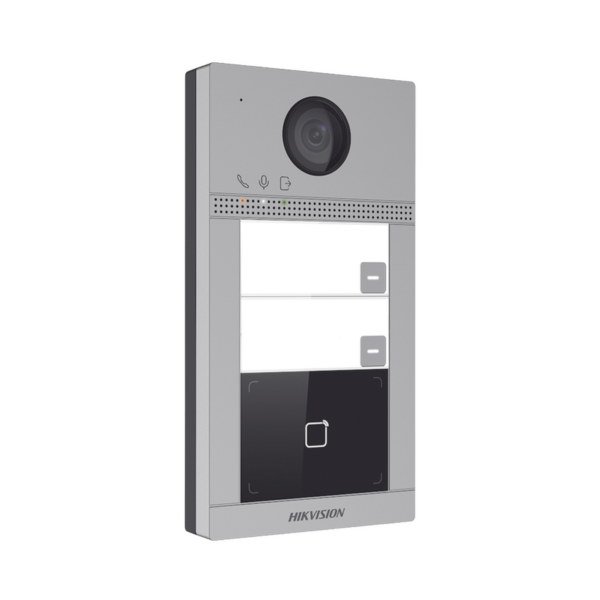 Videoportero IP (IP65 + IK08) con Llamada y apertura desde APP Hik-Connect / Soporta 2 Departamentos / PoE Estandar  / Interfaz WEB para configuración / 2 puertas