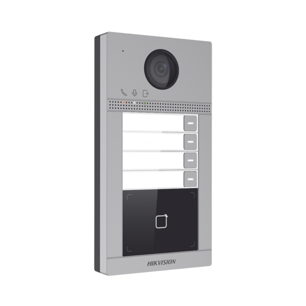 Videoportero IP (IP65 + IK08) con Llamada y apertura desde APP Hik-Connect / Soporta 4 Departamentos / PoE Estandar / Interfaz WEB para configuración / 2 puertas